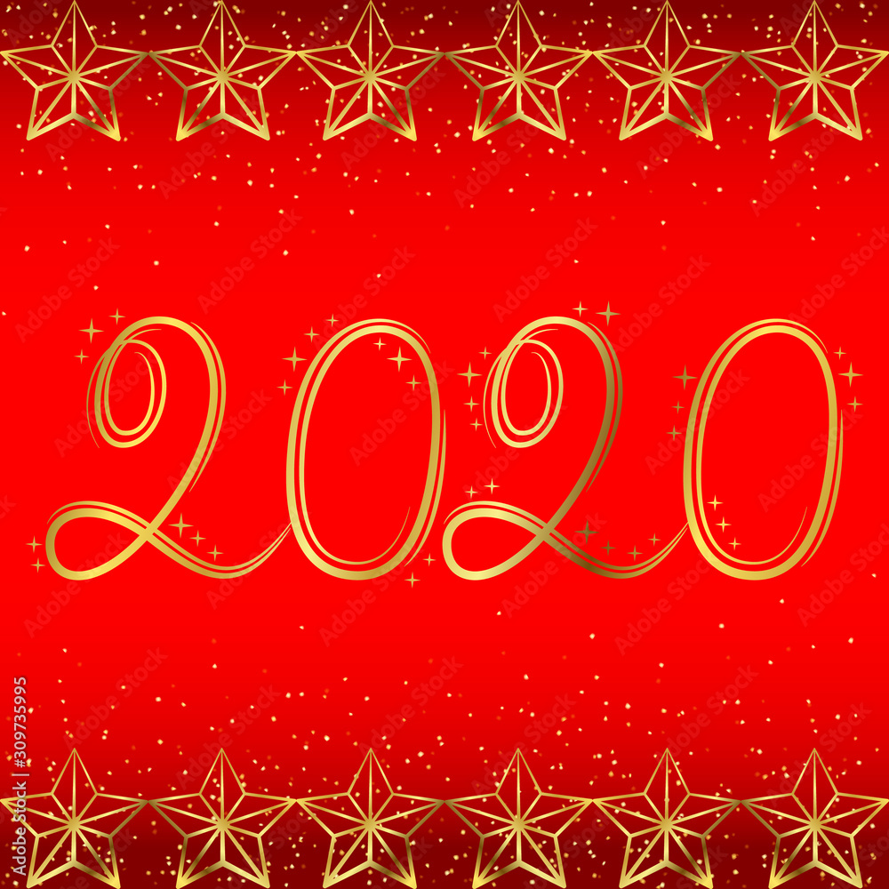 2020 happy new year. Vector new year card. Gold stars and the inscription 2020 with lines on a red background with sparkles