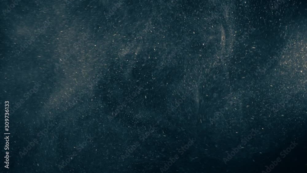 Natural Organic Dust Particles Floating On Black Background. Glittering Sparkling Particles Randomly Spin In The Air With Bokeh. Dynamic Particles With Fast And Slow Motion. Shimmering Dust In Space.