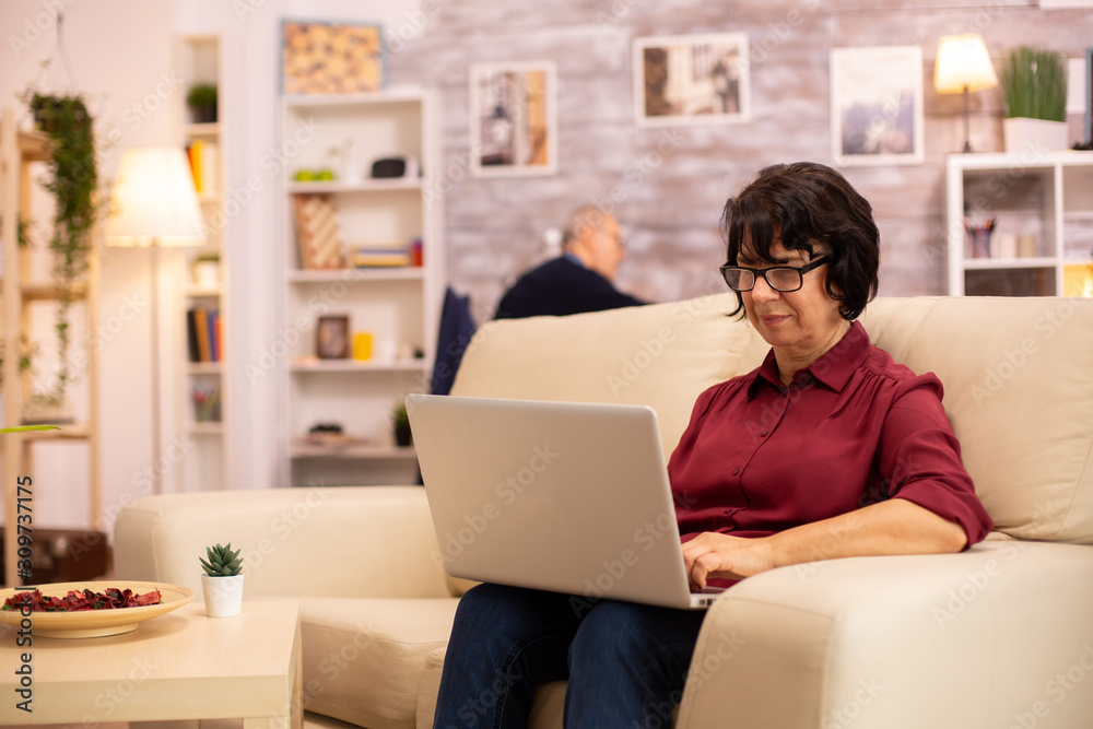 Old elderly woman on her sofa working on a modern laptop in her cozy living room Old elderly woman on her sofa working on a modern laptop in her cozy living room