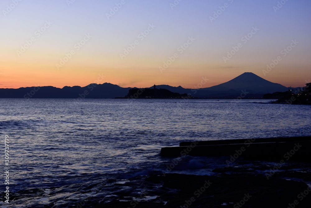 Sunset photo of Enoshima and Mount Fuji in Japan
