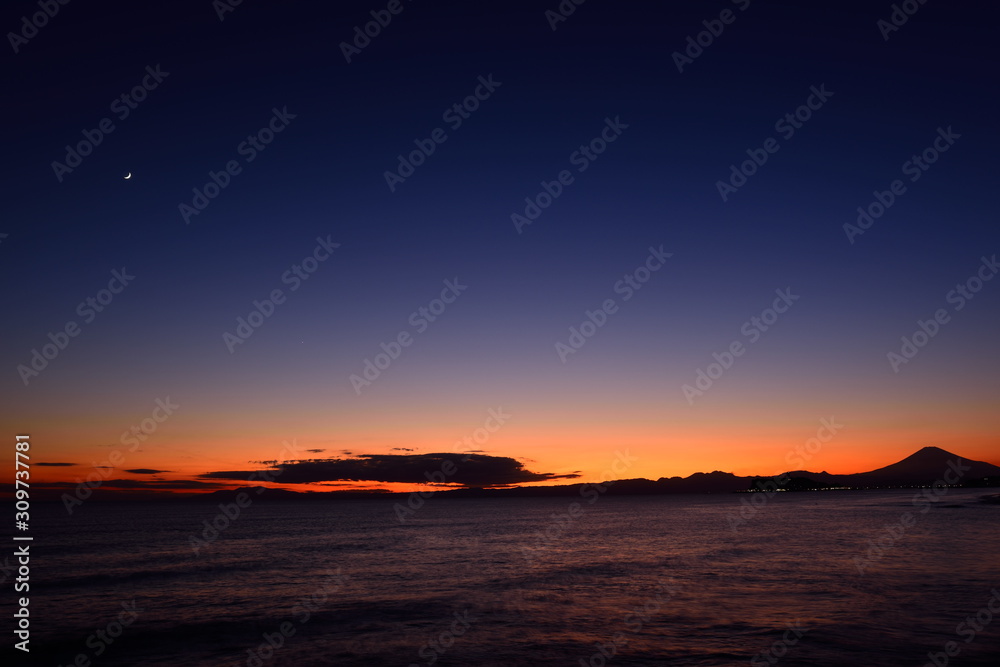 Sunset photo of Enoshima and Mt. Fuji in Japan