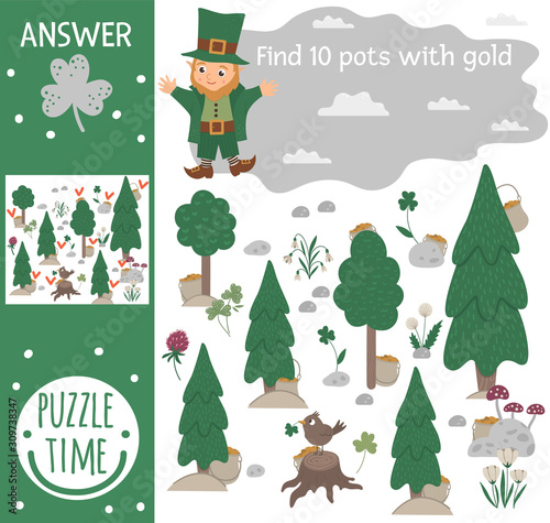 Saint Patrick’s Day searching game for children with leprechaun in spring forest. Cute funny smiling characters. Find hidden pots with gold..