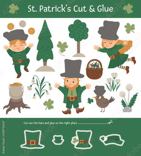 Vector Saint Patrick’s Day cut and glue for children. Spring holiday educational activity with smiling leprechaun, fairy, bird, boy in the forest.