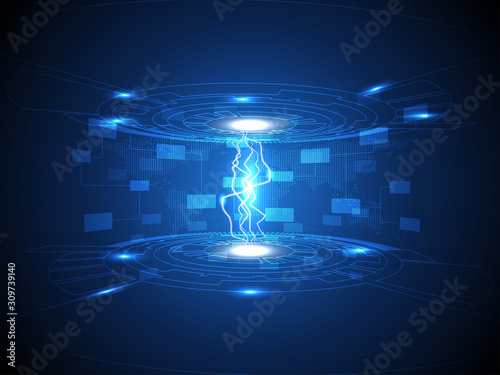 Abstract digital lightning technology with world map background, vector illustration