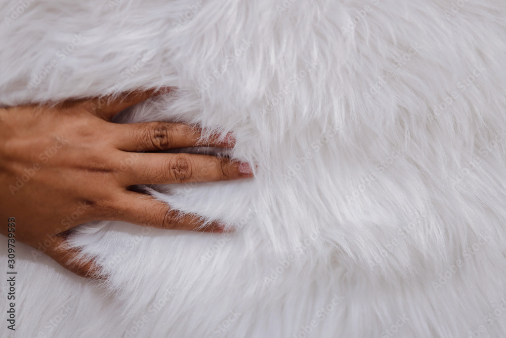 Closeup of Hand Touching Fur Fabric Texture. Smooth Fluffy and Silky Closeup of Hand Touching Fur Fabric Texture. Smooth Fluffy and Silky
