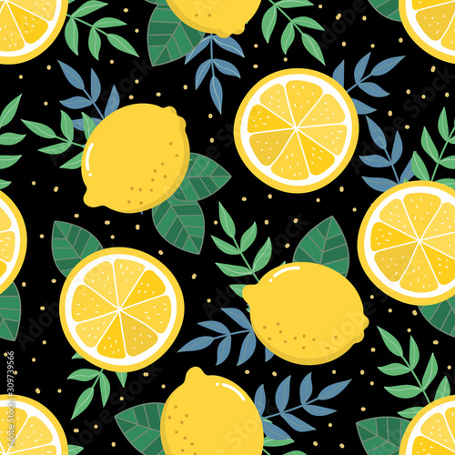 Fresh lemon sliced and leaves seamless pattern. Organic healthy fruit background. -Vector
