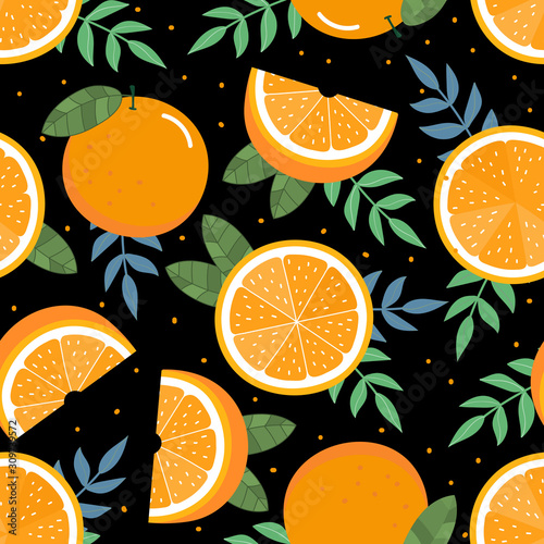 Fresh orange sliced and green leaves seamless pattern. Organic healthy fruit background.