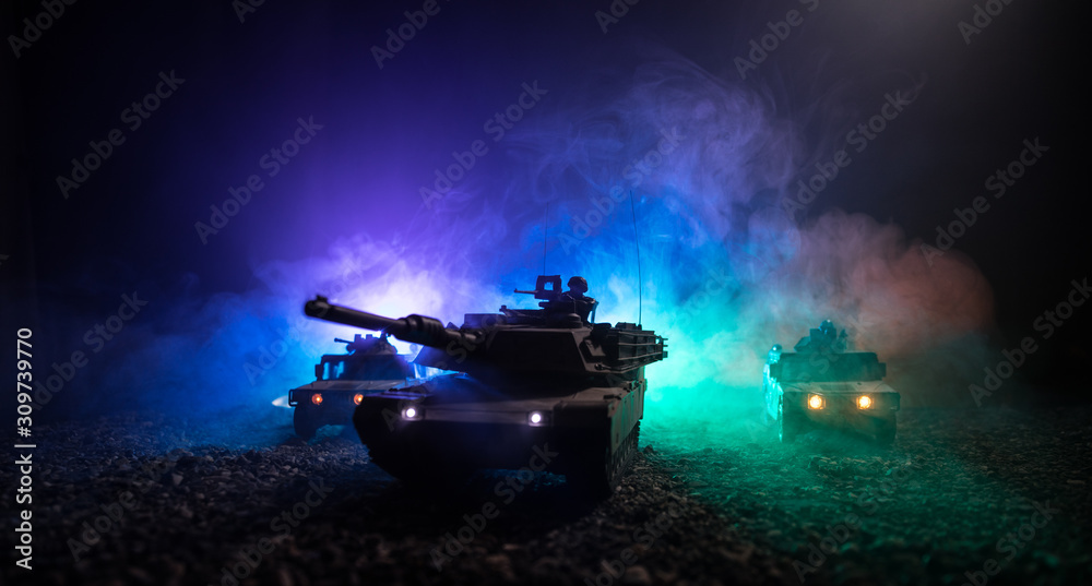 Military patrol car on sunset background. Army war concept. Silhouette ...