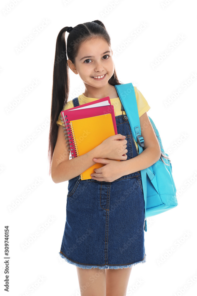 Little girl with school stationery on white background Little girl with school stationery on white background