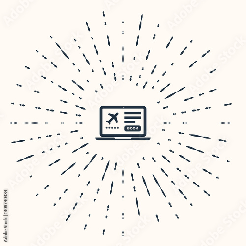 Grey Laptop with electronic boarding pass airline ticket icon isolated on beige background. Passenger plane mobile ticket for web and app. Abstract circle random dots. Vector Illustration