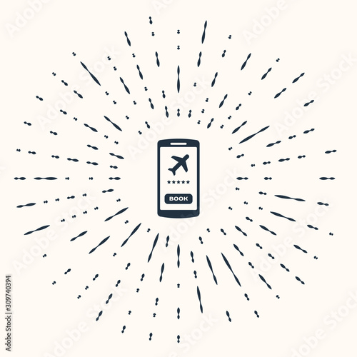 Grey Smartphone with electronic boarding pass airline ticket icon isolated on beige background. Passenger plane mobile ticket for web and app. Abstract circle random dots. Vector Illustration