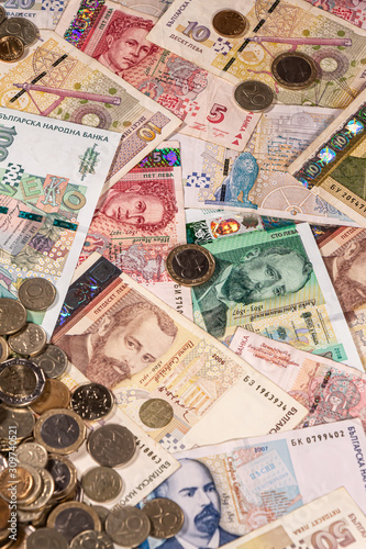 Bulgarian lev banknotes and coins, BGN. Bulgaria, BG