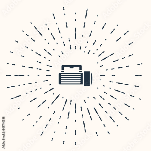 Grey Flashlight icon isolated on beige background. Tourist flashlight handle. Abstract circle random dots. Vector Illustration