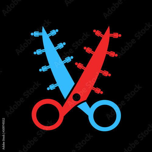 Social polarization - Scissors are dividing and sorting divided society into two separated, polarized, segregated, isolated and disintegrated class and group of people. Vector illustration
