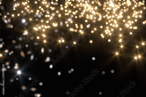 Floating specks of light on black background, 3d rendering.