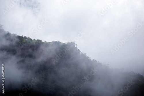 Blurred background of a mountain road view, from a car windscreen that runs with care, with natural scenery surrounded by plants, large trees