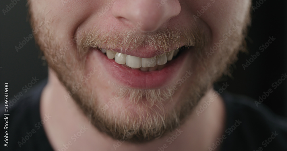 closeup shot of bearded man mouth laughing closeup shot of bearded man mouth laughing