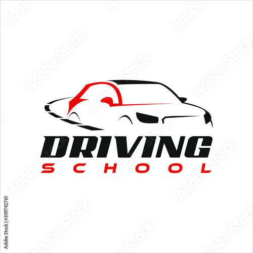 Driving School Logo Design with Modern Car Silhouette Vector Automotive Template