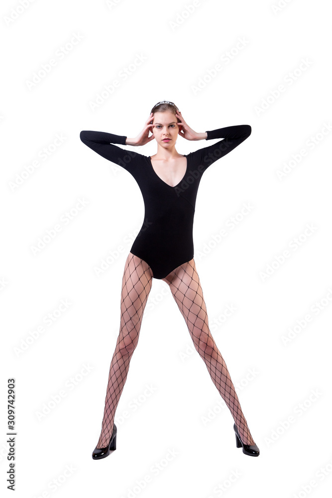 Attractive blondy Girl, Stylish fashion. Design Art concept. Beautiful Girl in black body, pantyhose and high heels posing. Studio portrait of woman Attractive blondy Girl, Stylish fashion. Design Art concept. Beautiful Girl in black body, pantyhose and high heels posing. Studio portrait of woman