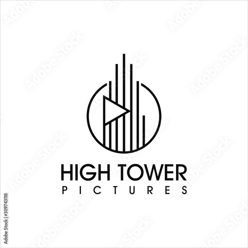 cinema production logo simple line art template. high building with play symbol vector for movie icon inspiration