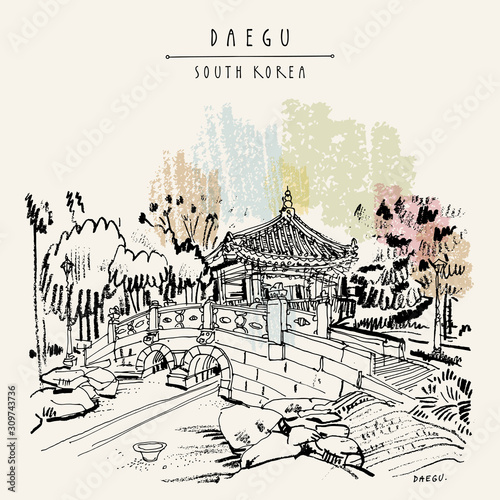 Daegu, South Korea. Gyeongsang Gamyeong park. Hand drawn postcard
