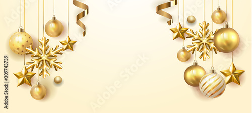 Golden Christmas  balls light white background. Festive xmas decoration gold glass christmas balls and glossy snowflake, stars, hanging on the ribbon. Vector illustration banner design template EPS 10