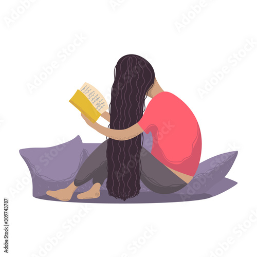 Girl reading book on a white background