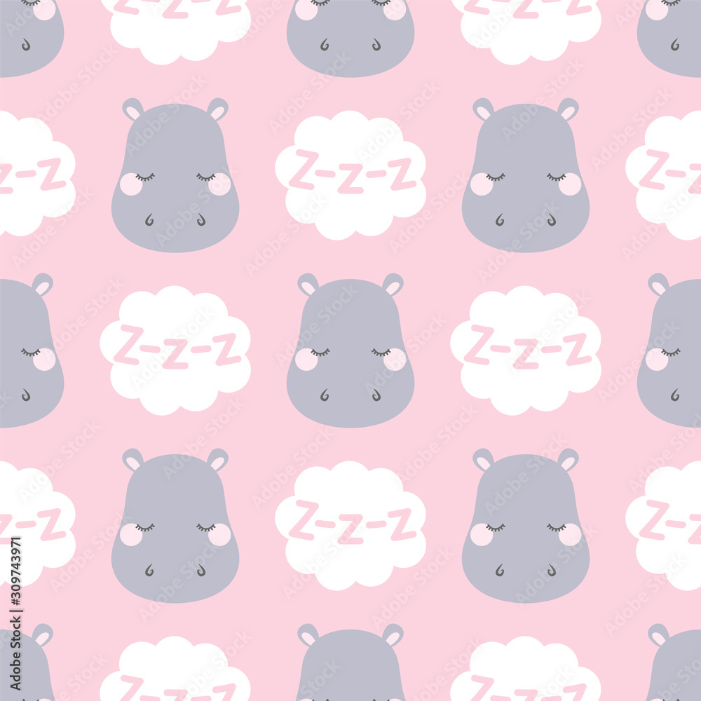 Cute sleepy hippo pattern