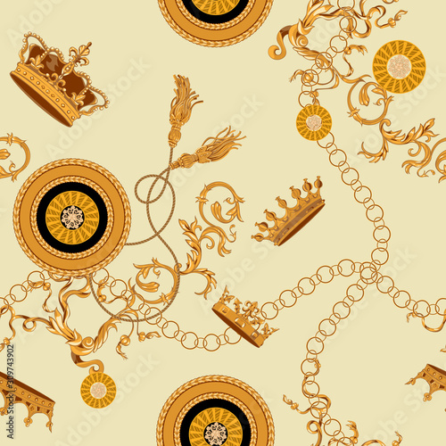 Baroque seamless pattern with chains and crowns. Vector patch for print, fabric, scarf