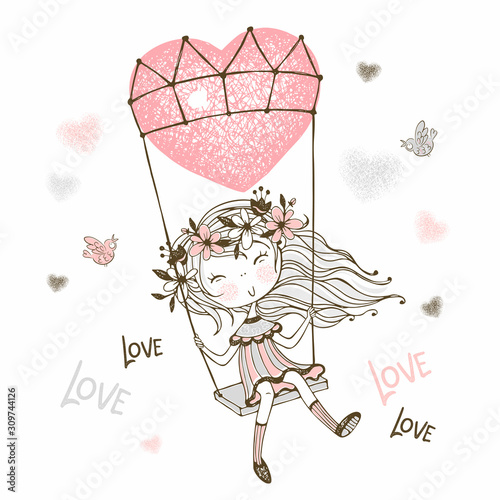 Cute girl flying on a balloon in the form of a heart. Valentine. Vector.