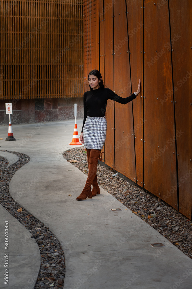 Beautiful girl model posing against the background of the modern building