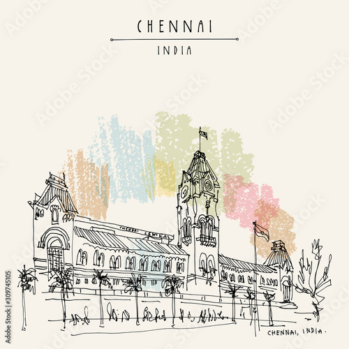 Chennai (Madras), Tamil Nadu, India. Central railway station. Hand drawn postcard