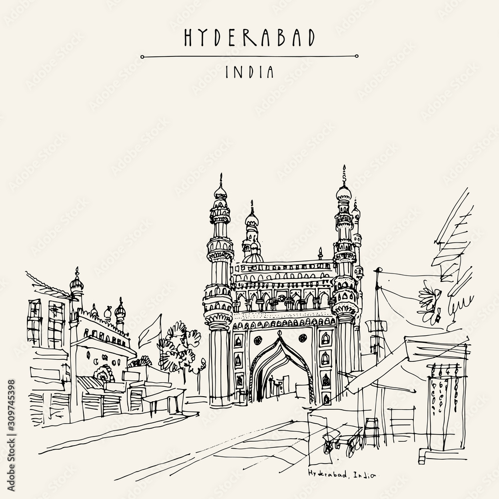 Hyderabad, Telangana state, India. Charminar. Travel sketch. Vintage hand drawn Ramadan Kareem or Idul Fitri celebration postcard