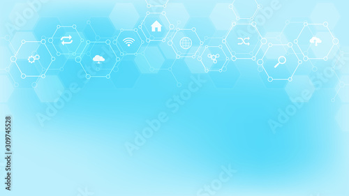 Technology background with flat icons and symbols. Concept and idea for internet of things, communication, network, innovation technology, system integration. Vector illustration.