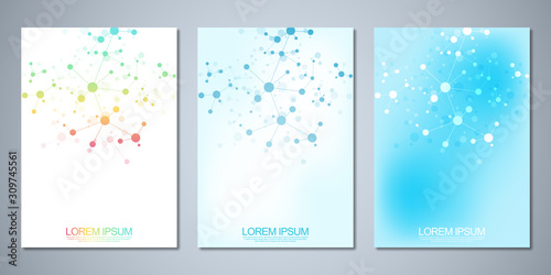 Vector template brochures or cover design, book, flyer, with molecules background and neural network. Abstract geometric background of connected lines and dots. Science and technology concept.