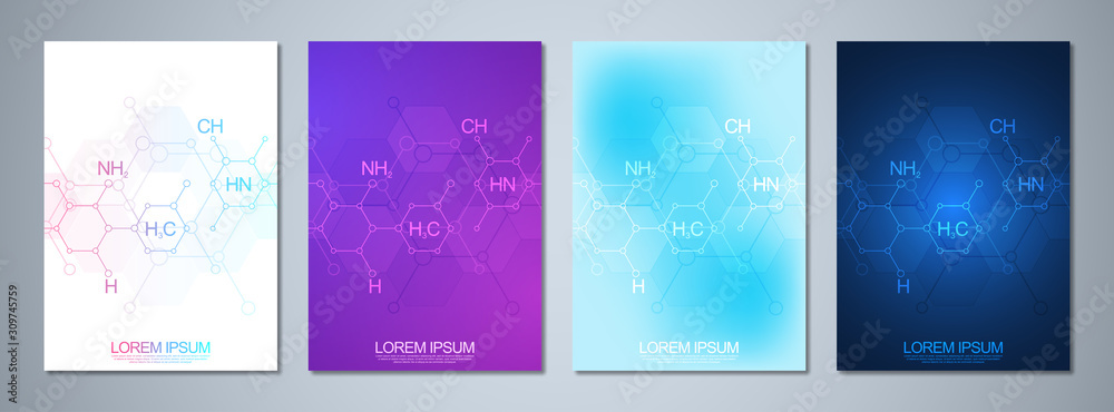 Set of template brochure or cover design, book, flyer with abstract chemistry background and chemical formulas. Concept and idea for science and innovation technology. Set of template brochure or cover design, book, flyer with abstract chemistry background and chemical formulas. Concept and idea for science and innovation technology.