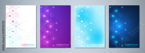 Set of template brochure or cover book, page layout, flyer design with technological background and flat icons and symbols. Concept and idea for innovation technology and communication.
