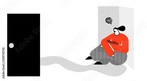 PSYCHOLOGICAL TRAUMA .Vector flat illustration showing a girl with a desire to shut herself off from the world, is behind a closed door in her mind.depression , introvert, sociopath