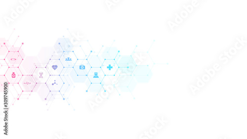 Abstract medical background with flat icons and symbols. Template design with concept and idea for healthcare technology, innovation medicine, health, science and research.