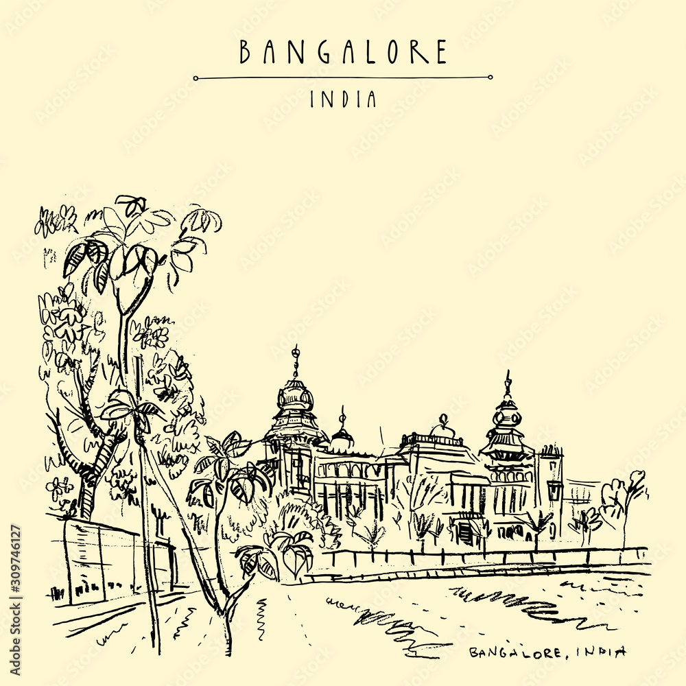 Bangalore (Bengaluru), Karnataka, India. Building in Neo-Dravidian style. Vintage hand drawn postcard