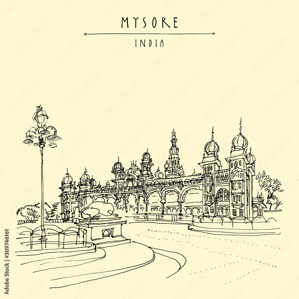 Mysore, Karnataka, India. Mysore palace. Vintage hand drawn postcard