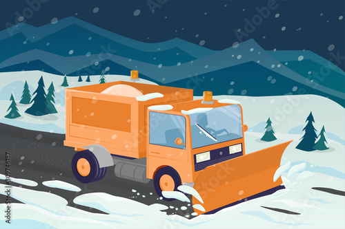 cartoon illustration of a snow plow clearing the street