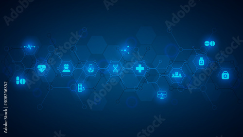 Healthcare and technology concept with flat icons and symbols. Template design for health care business, innovation medicine, science background, medical research.
