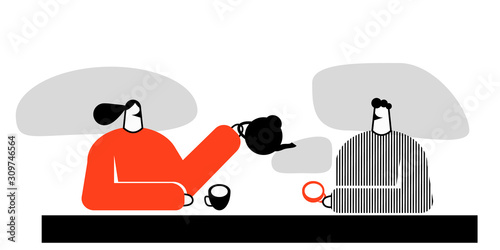 Vector flat illustration of two office workers and colleagues, a man and a woman at a break drinking tea or coffee and talking, leading a dialogue. nice conversation.on a white background.black color