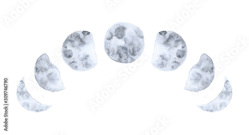 Watercolor moon phases isolated on white background modern space design