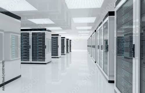 White servers center room with computers and storage systems 3D rendering