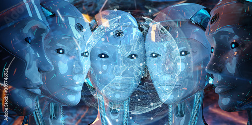 Group of female robots heads watching world map interface 3d rendering