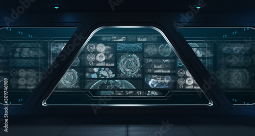 Dark spaceship interior with control panel digital screens 3D rendering