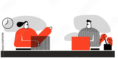 vector flat illustration showing the workspace, employees, man and woman, communication between employees, pleasure from work and communication.used for web project and presentation