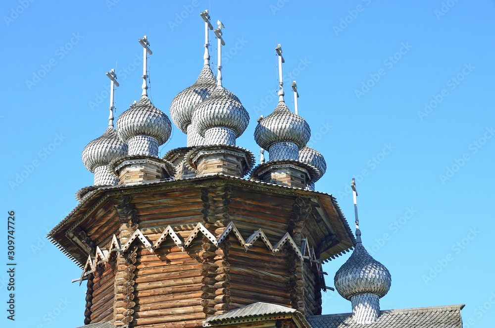 Karelia, Russia. Domes of ancient Pokrovsky cathedral in Kizhi
